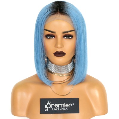 Ready to Ship  Virgin Brazilian Remy Human Hair  blue color with dark roots Bob Cut Blue Lace Front Wig